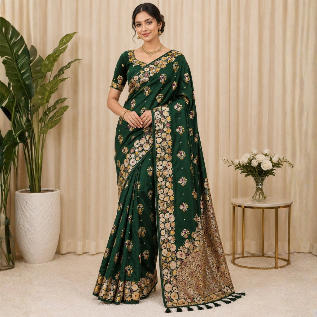 Emerald Green Dola Silk-Style Saree with Floral Zari Pallu