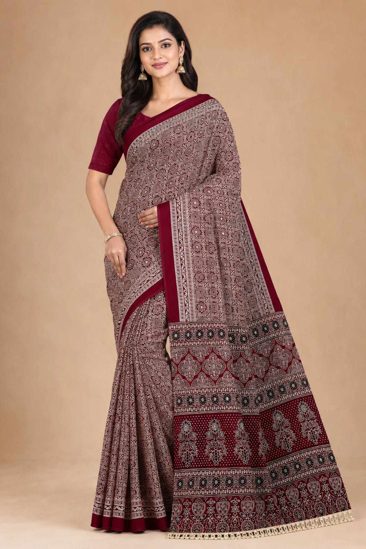 Maroon Ajrakh Heritage Saree