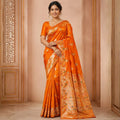 Festive Orange Dola Silk-Style Saree with Floral Zari Pallu