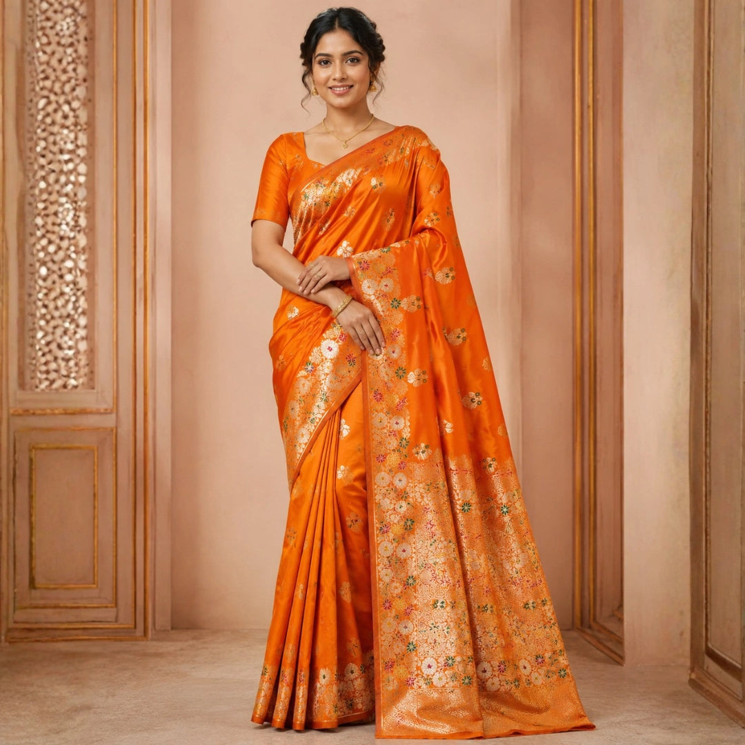Festive Orange Dola Silk-Style Saree with Floral Zari Pallu