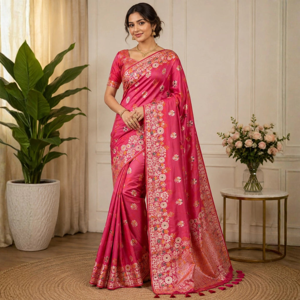 Coral Pink Dola Silk-Style Saree with Floral Zari Pallu