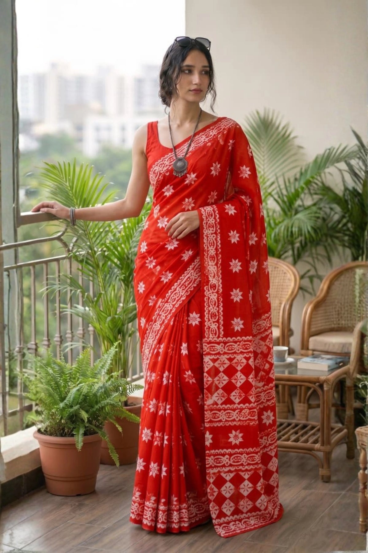 Vermilion Folk Print Saree