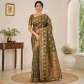 Olive Green Dola Silk-Style Saree with Floral Zari Pallu
