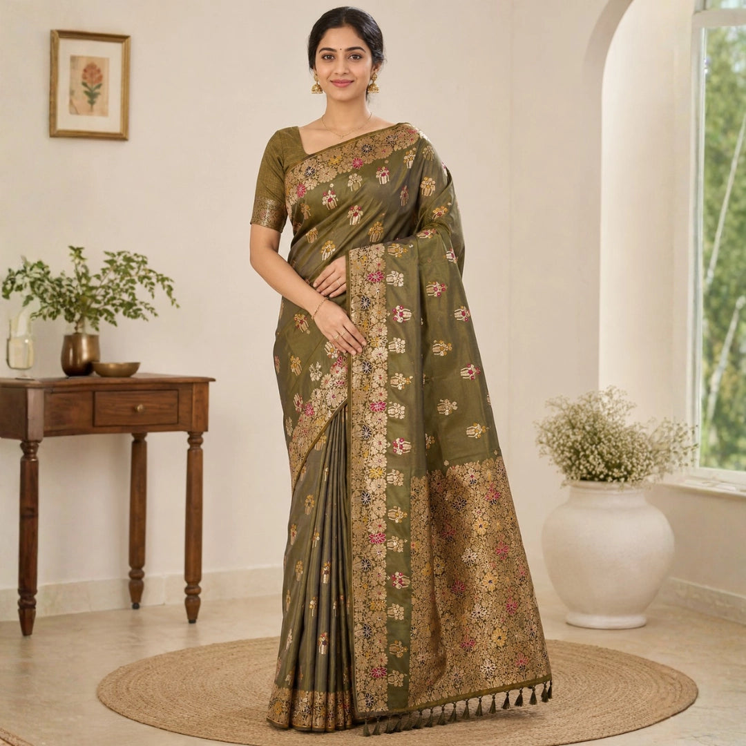 Olive Green Dola Silk-Style Saree with Floral Zari Pallu