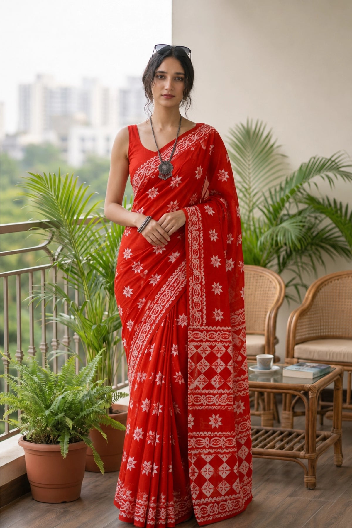Vermilion Folk Print Saree