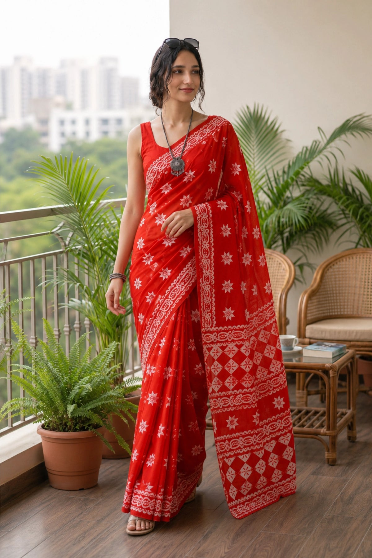 Vermilion Folk Print Saree
