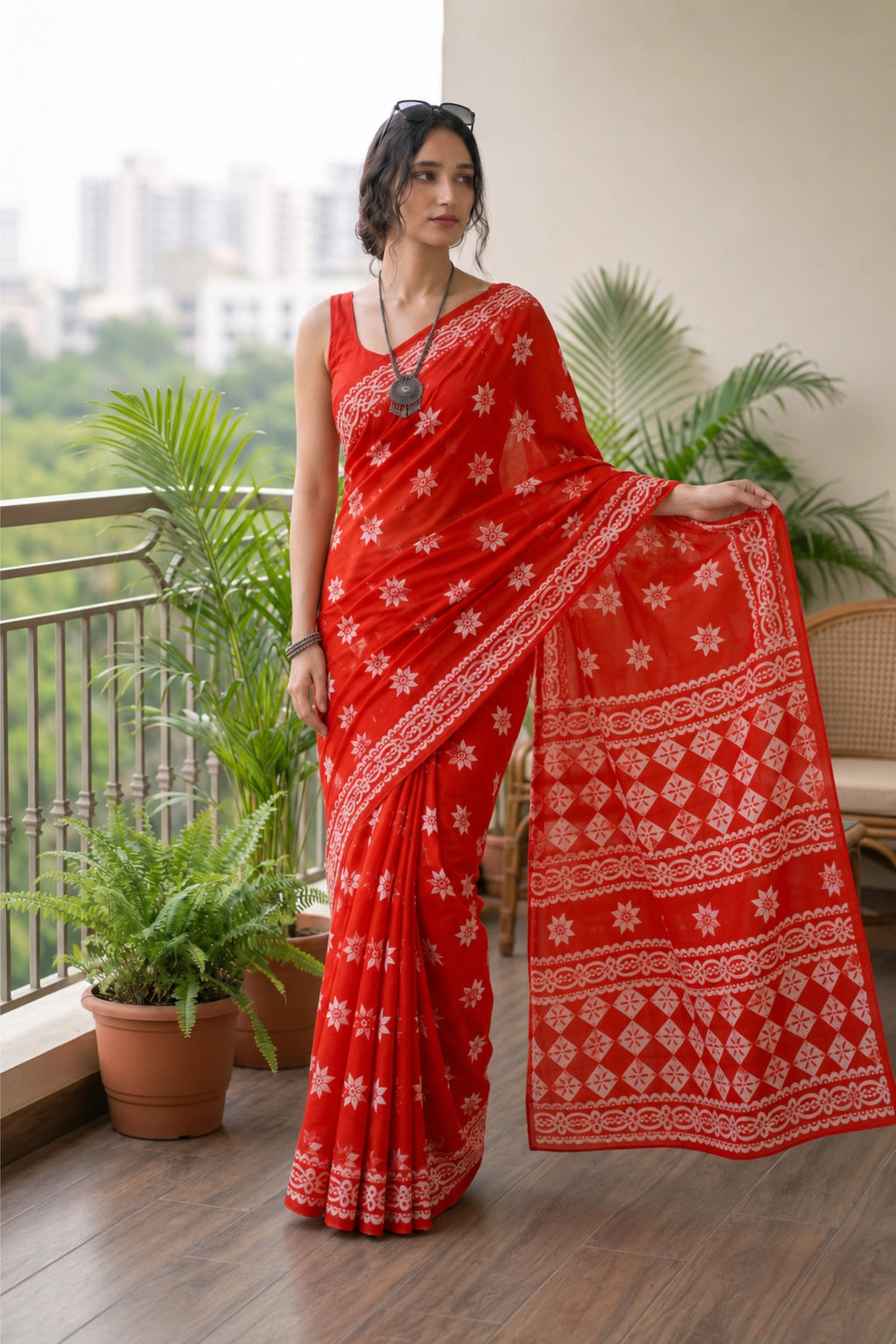 Vermilion Folk Print Saree
