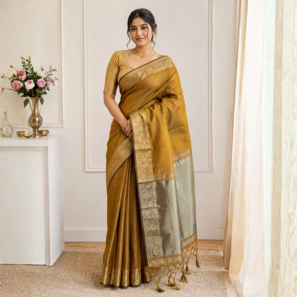 Antique Mustard Tussar-Style Saree with Gold Zari Border
