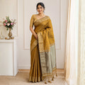Antique Mustard Tussar-Style Saree with Gold Zari Border