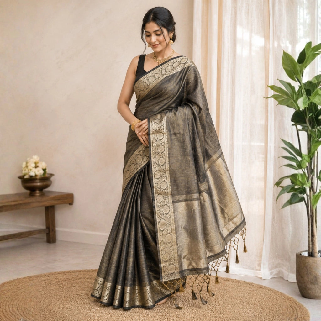 Charcoal Grey Tussar-Style Saree with Antique Gold Zari Border