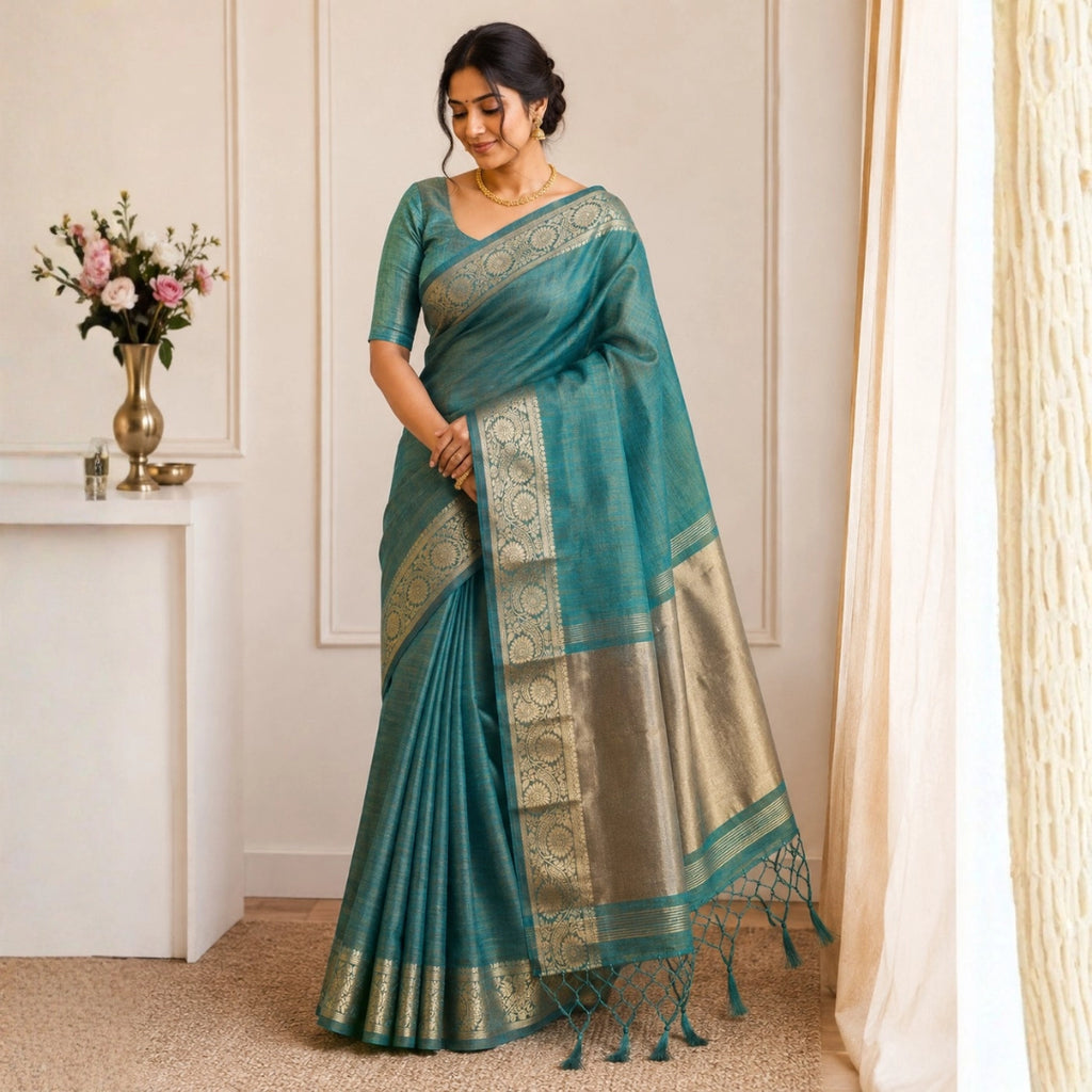 Antique Teal Tussar-Style Saree with Gold Zari Border