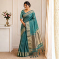 Antique Teal Tussar-Style Saree with Gold Zari Border