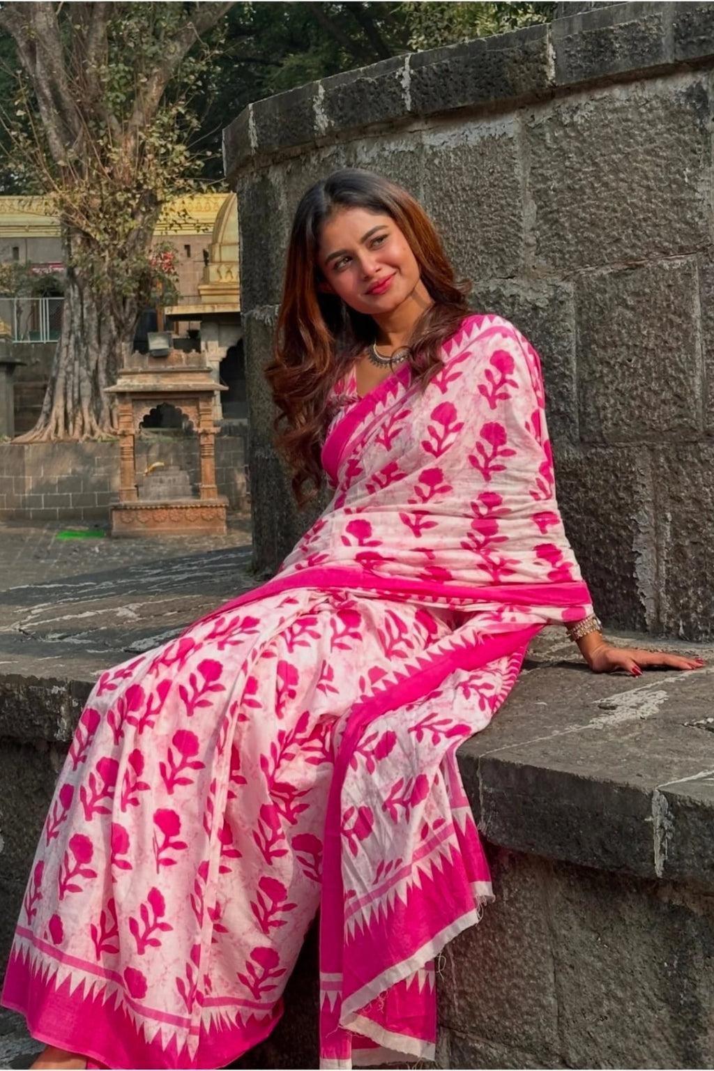 Pink Blossom Handblock Saree