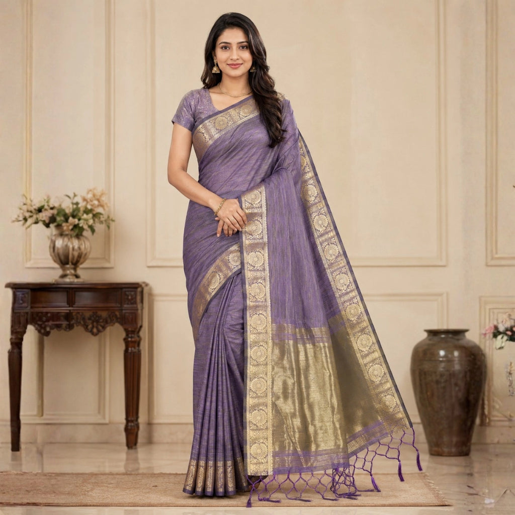 Dusty Lavender Tussar-Style Saree with Antique Gold Zari Border