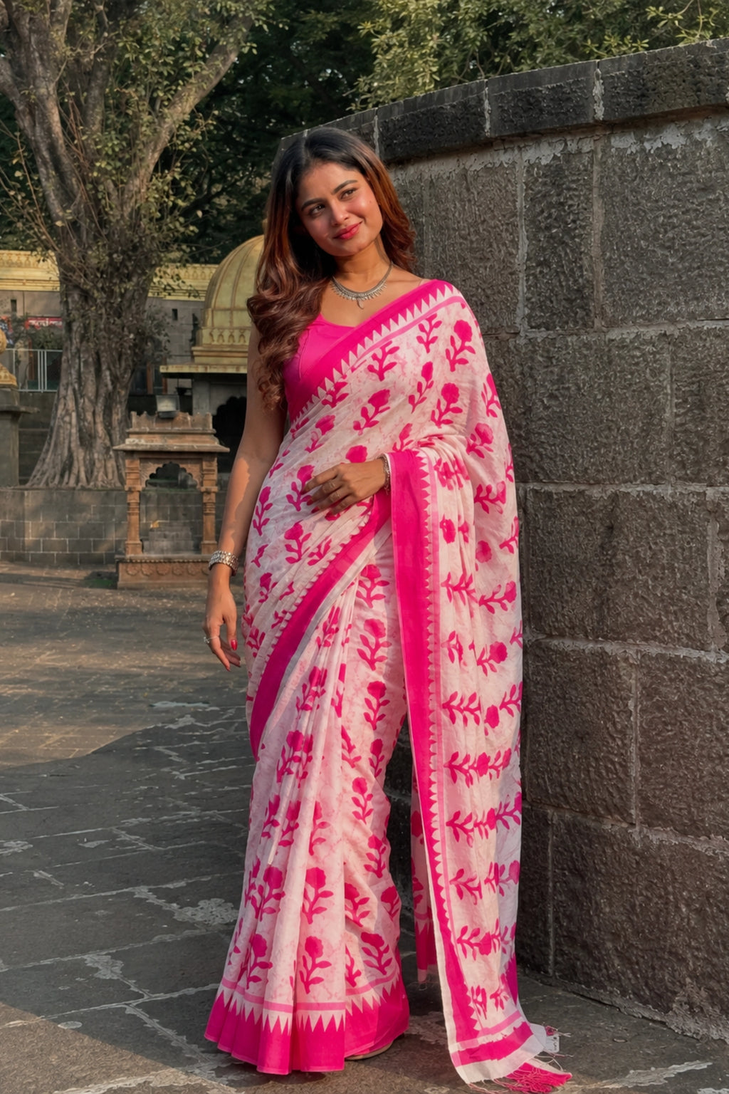 Pink Blossom Handblock Saree