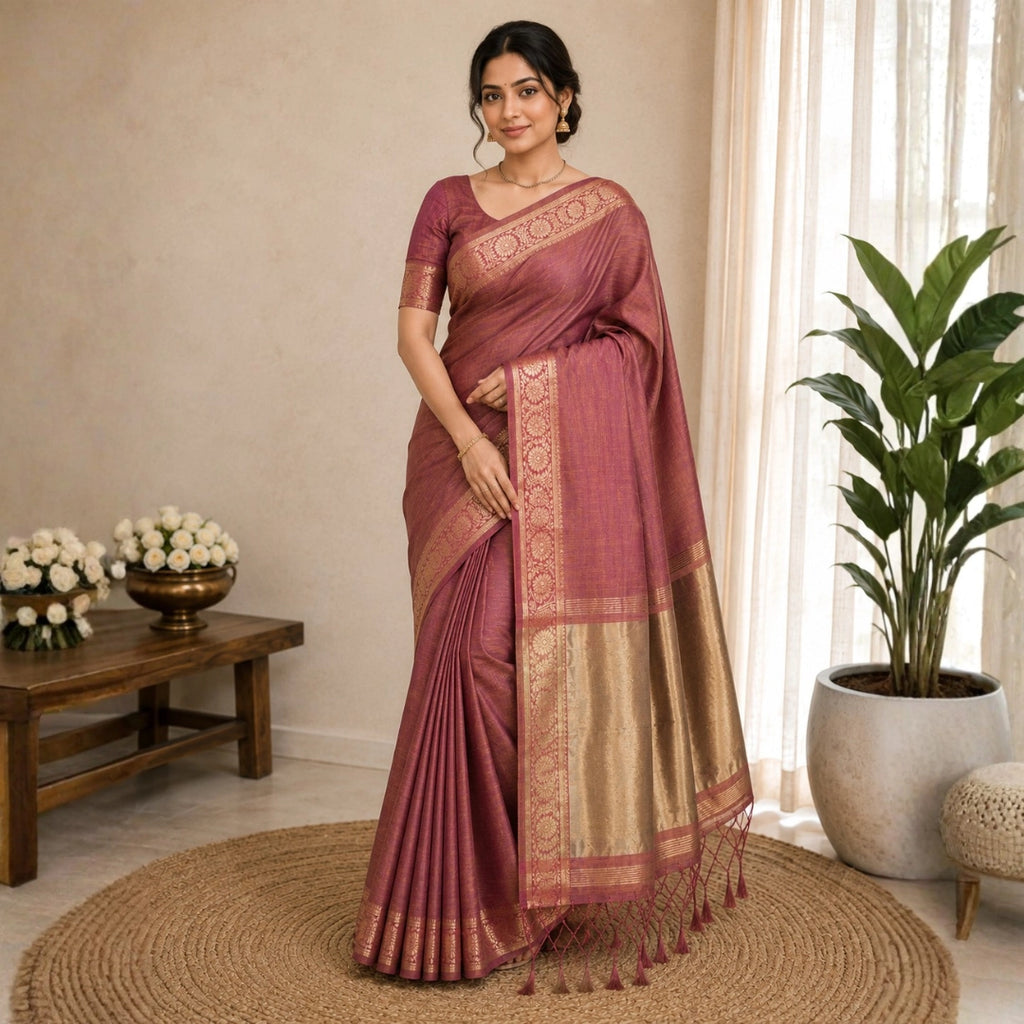 Dusty Rose Tussar-Style Saree with Antique Gold Zari Border