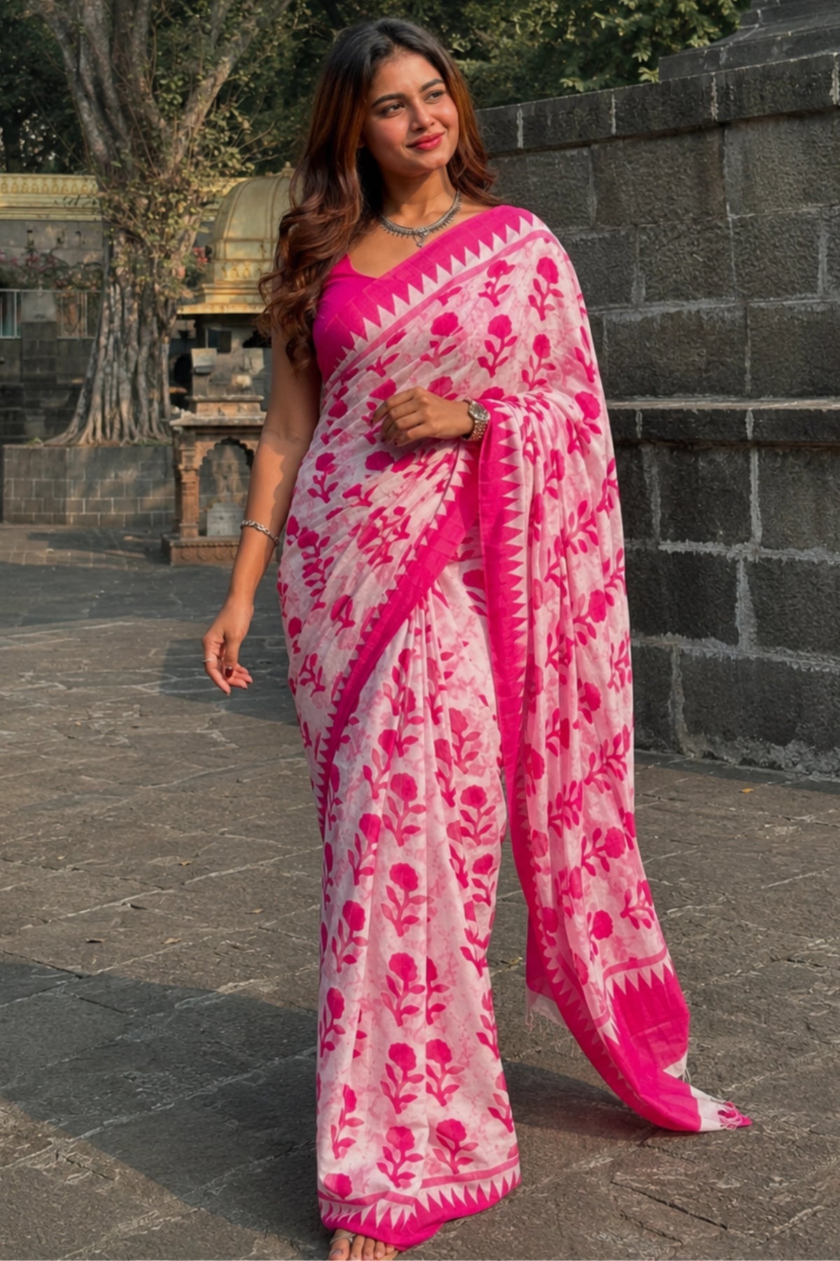 Pink Blossom Handblock Saree