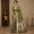 Green Tussar-Style Saree with Gold Zari Border