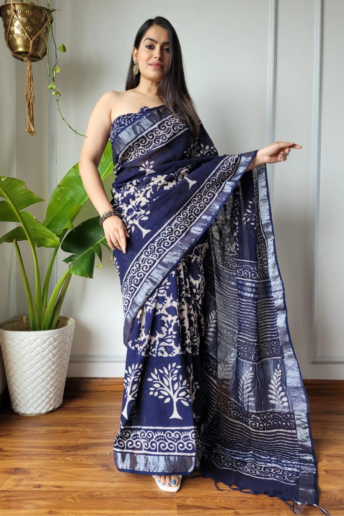 Indigo Botanical Print Saree