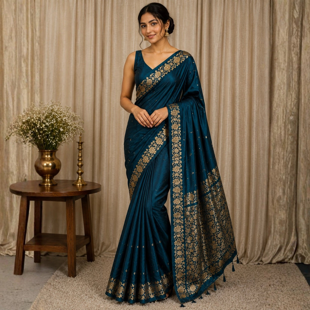 Teal Blue Royal Zari Saree