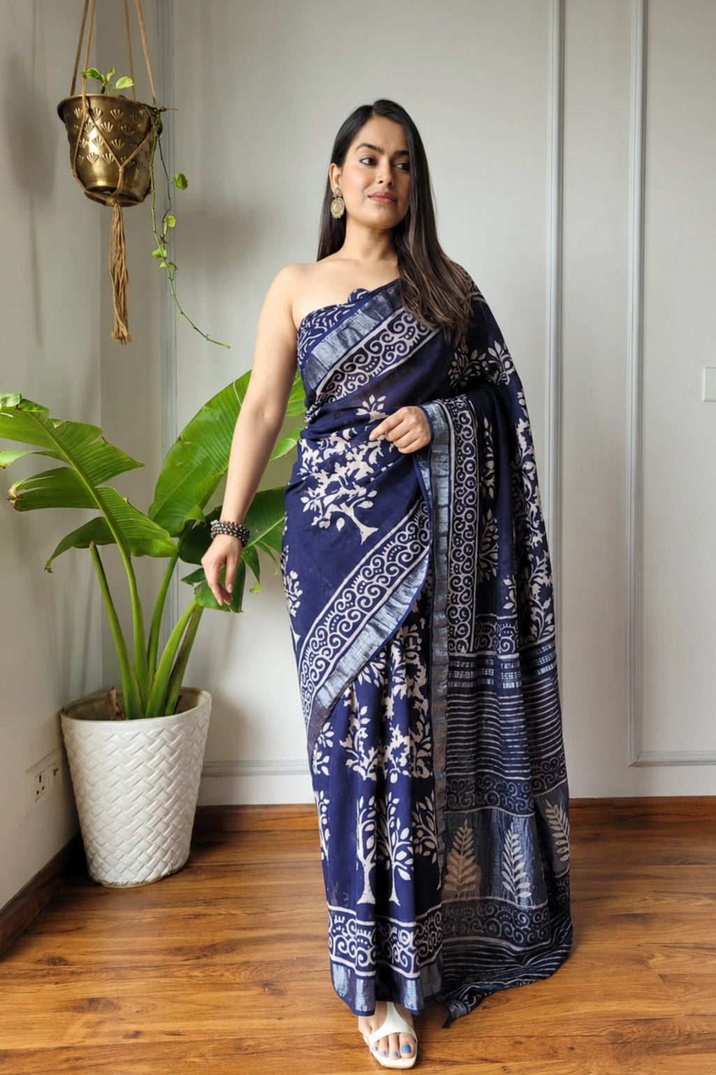 Indigo Botanical Print Saree