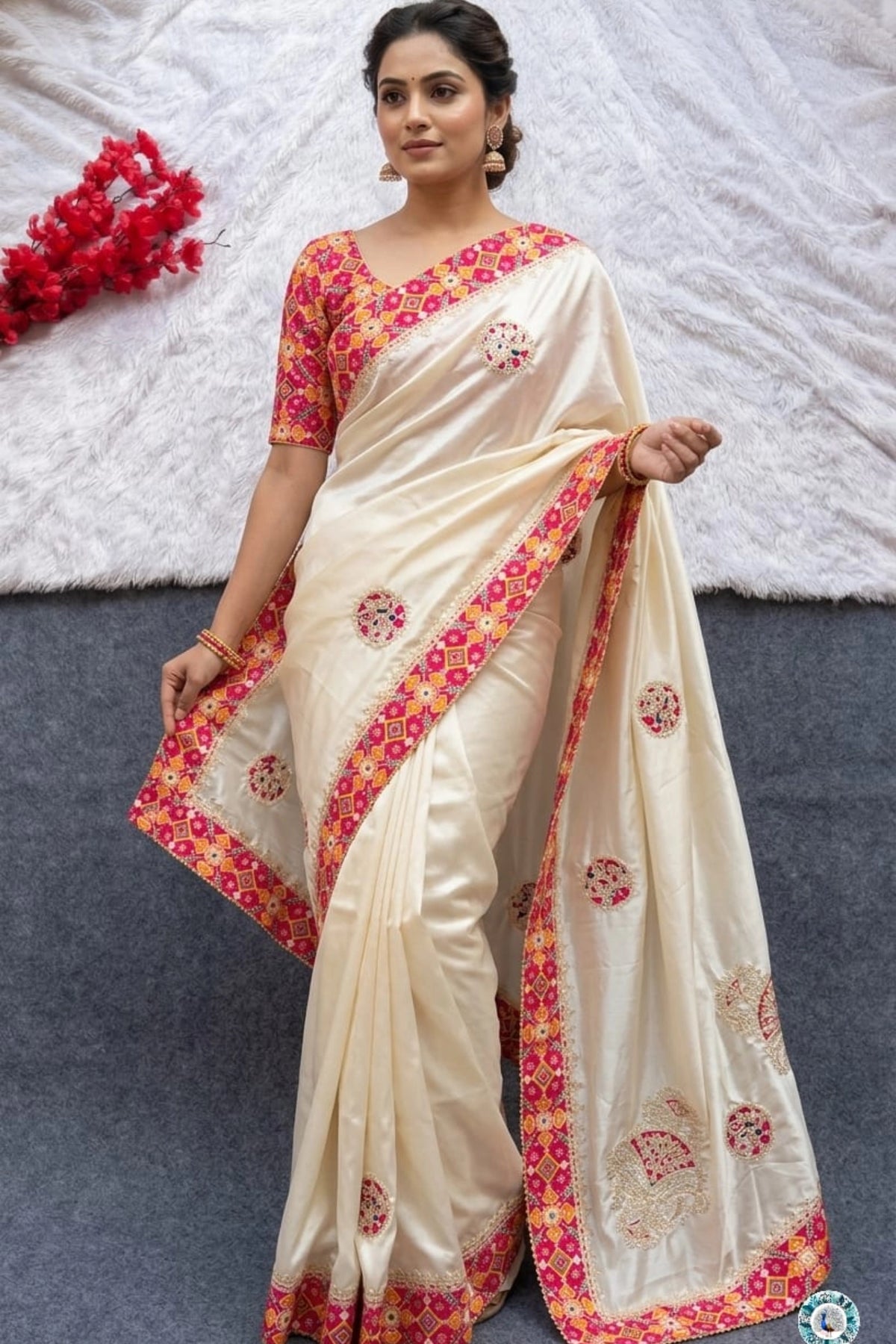 Ivory Festive Embroidered Saree