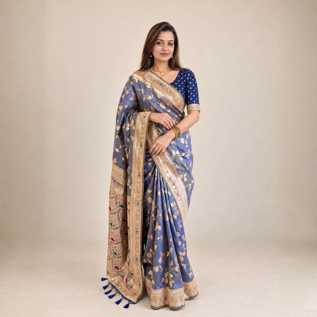 Steel Blue Meenakari Floral Woven Saree