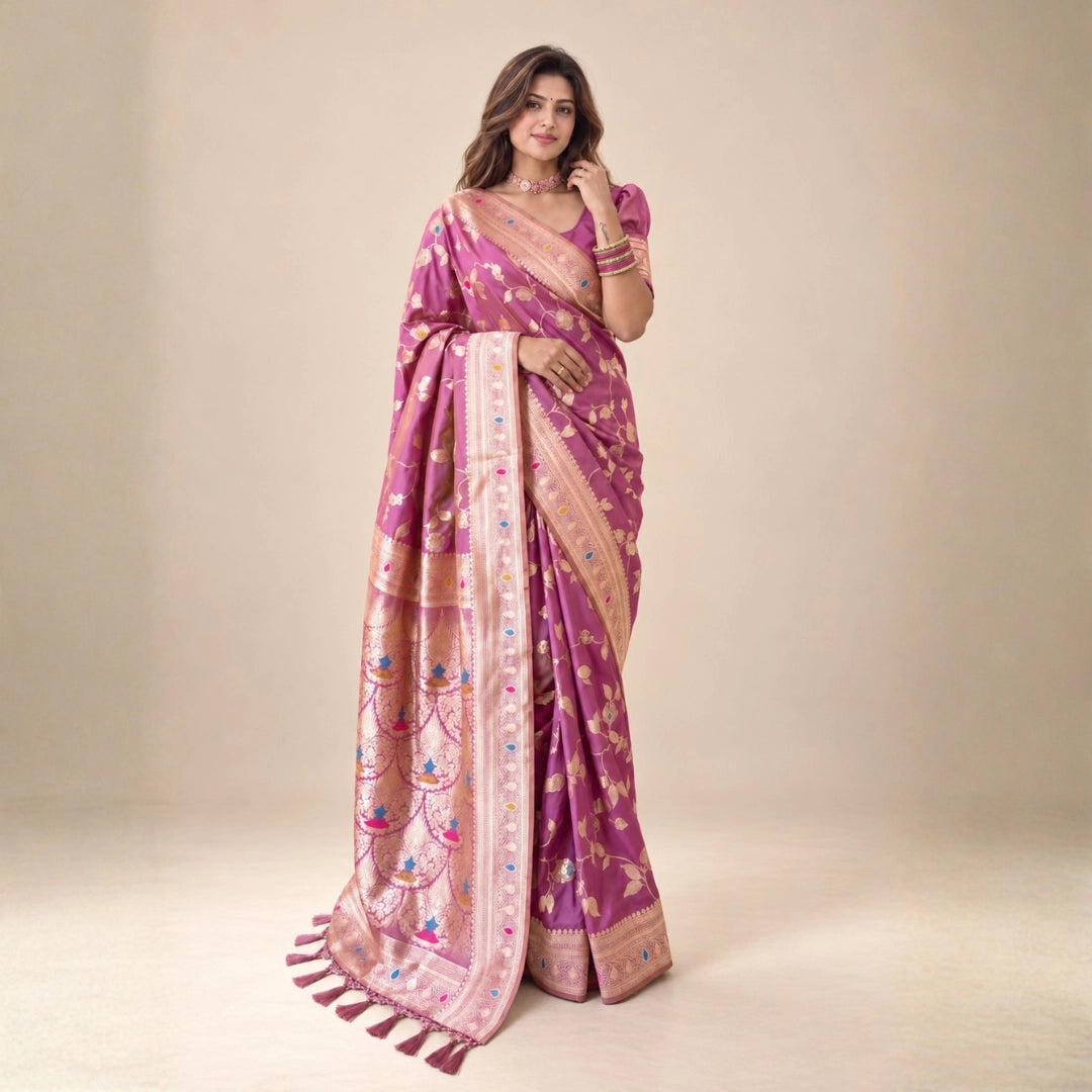 Mauve Pink Meenakari Floral Woven Saree