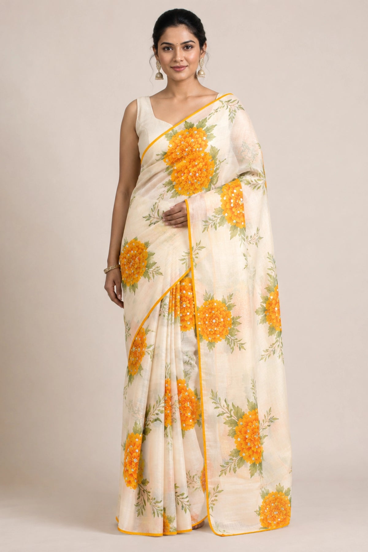 Marigold Bloom Ivory Saree