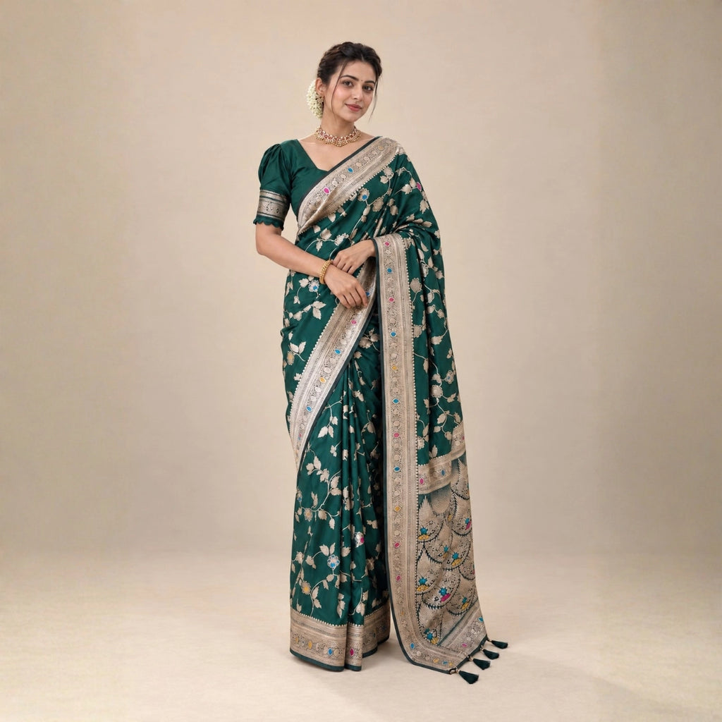 Emerald Green Meenakari Floral Woven Saree