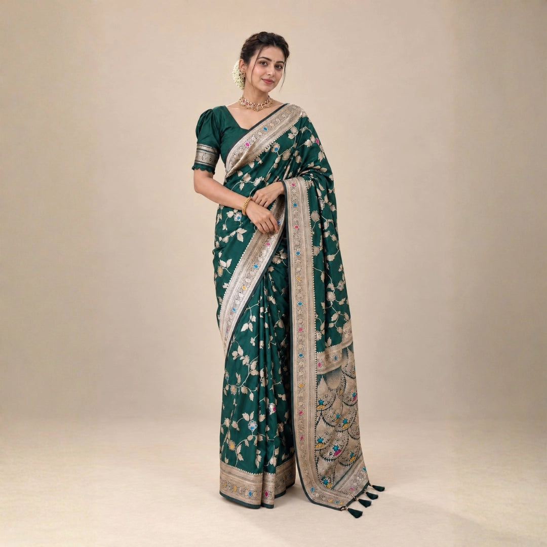 Emerald Green Meenakari Floral Woven Saree