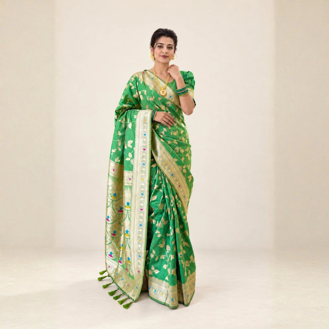 Parrot Green Meenakari Floral Woven Saree