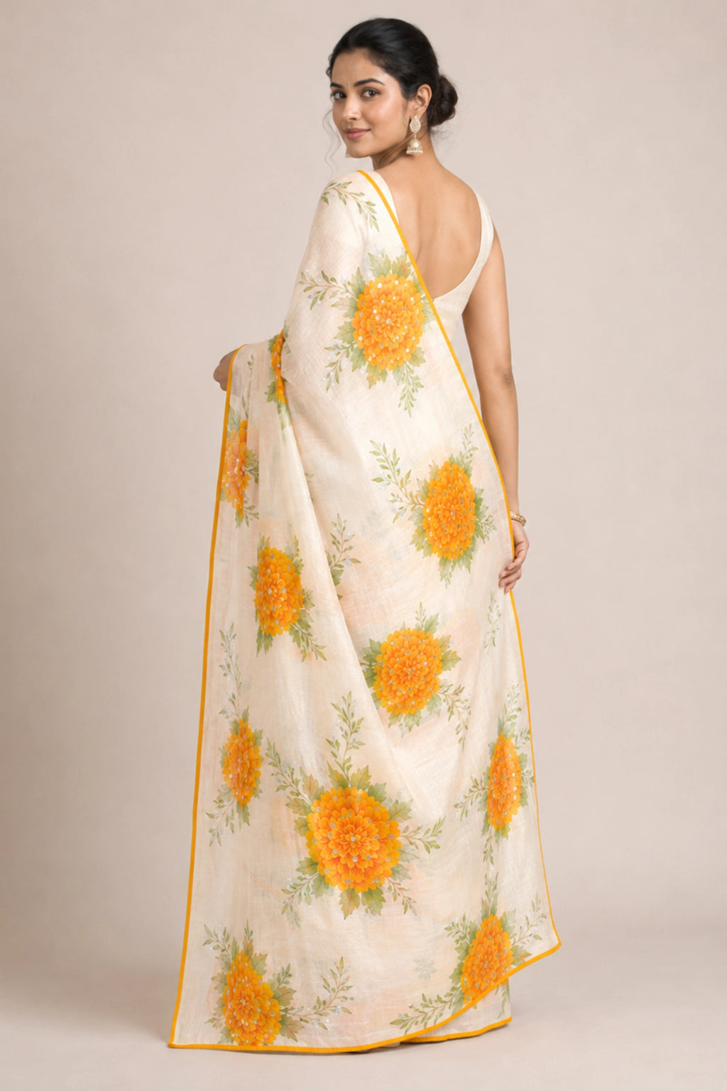Marigold Bloom Ivory Saree