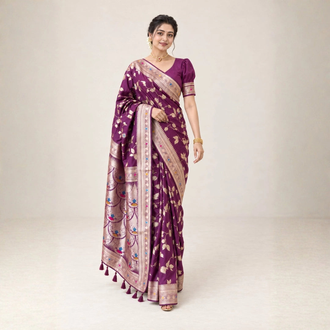 Wine Meenakari Floral Woven Saree
