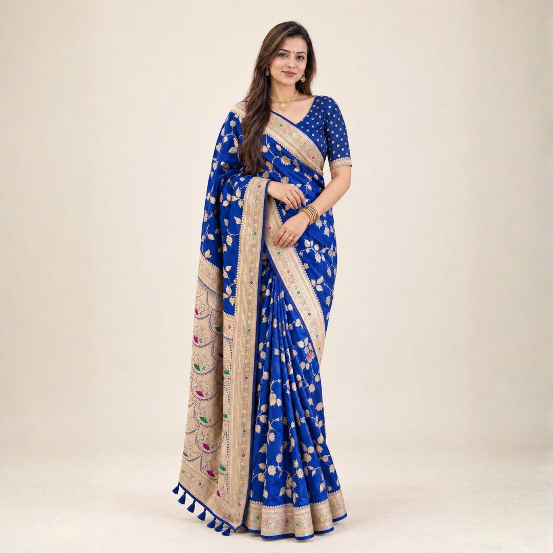 Royal Blue Meenakari Floral Woven Saree