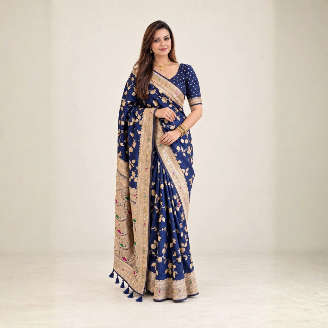 Navy Blue Meenakari Floral Woven Saree
