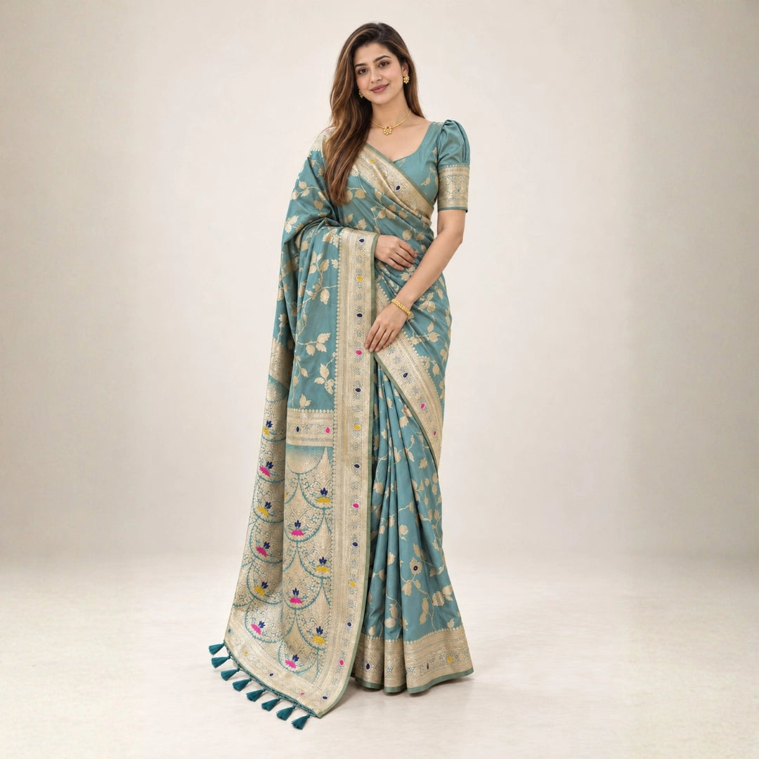 Sea Green Meenakari Floral Woven Saree