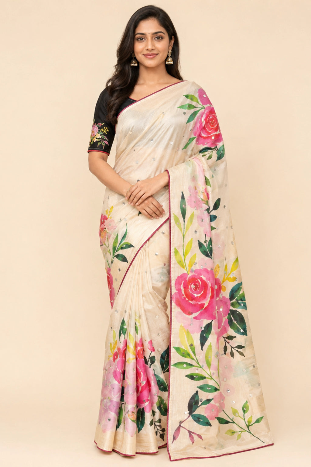 Ivory Cotton Saree with Pink Floral Print