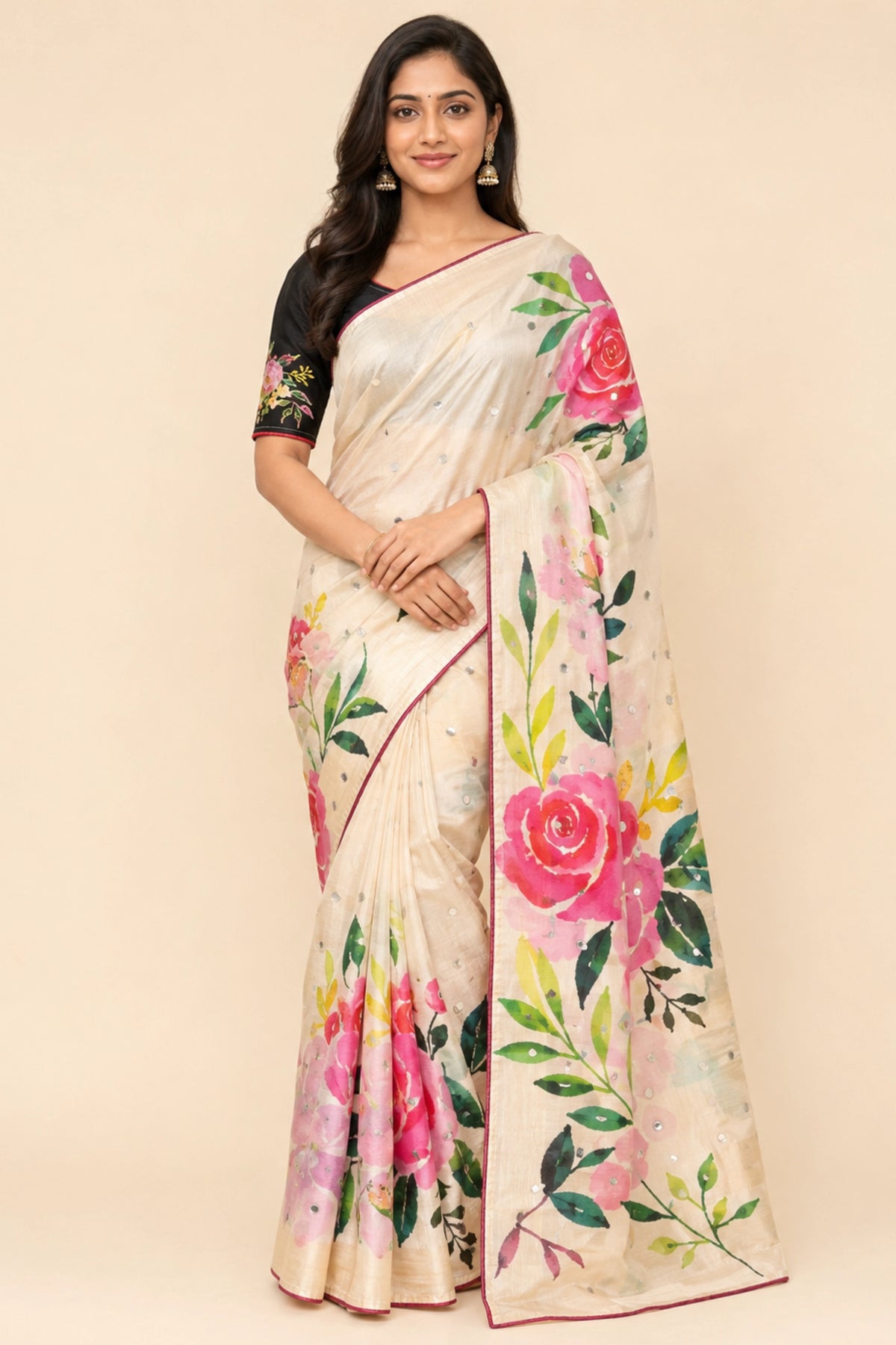 Ivory Cotton Saree with Pink Floral Print