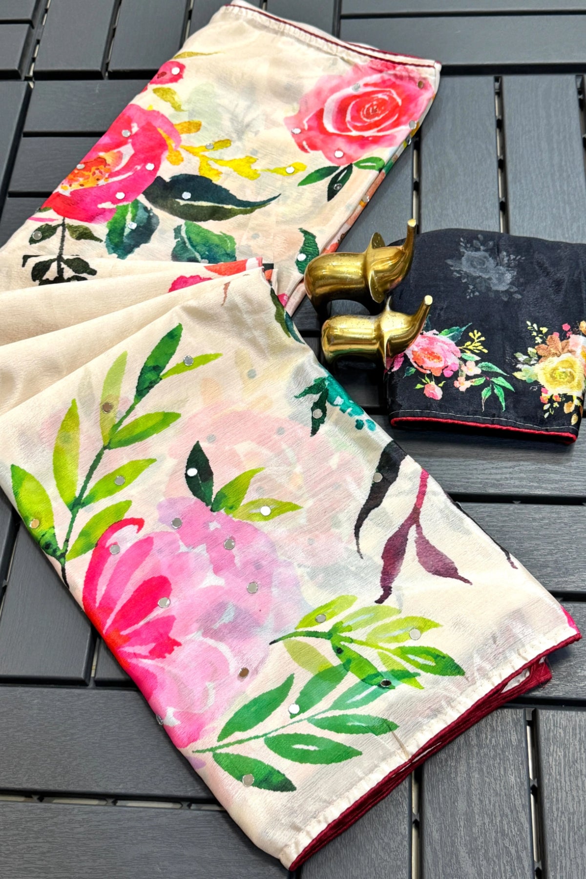 Ivory Cotton Saree with Pink Floral Print