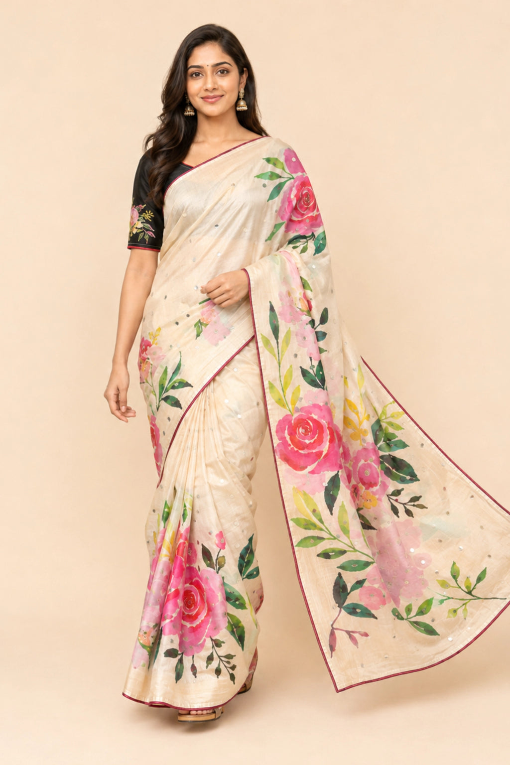 Ivory Cotton Saree with Pink Floral Print