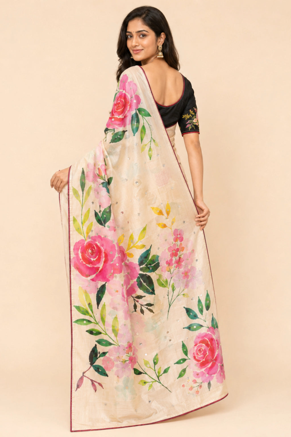 Ivory Cotton Saree with Pink Floral Print