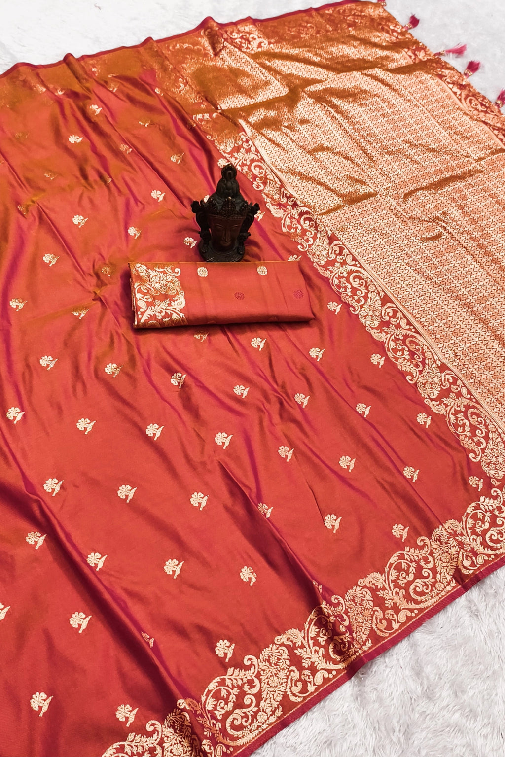 Rust Orange Banarasi-Inspired Silk Saree with Gold Zari Border