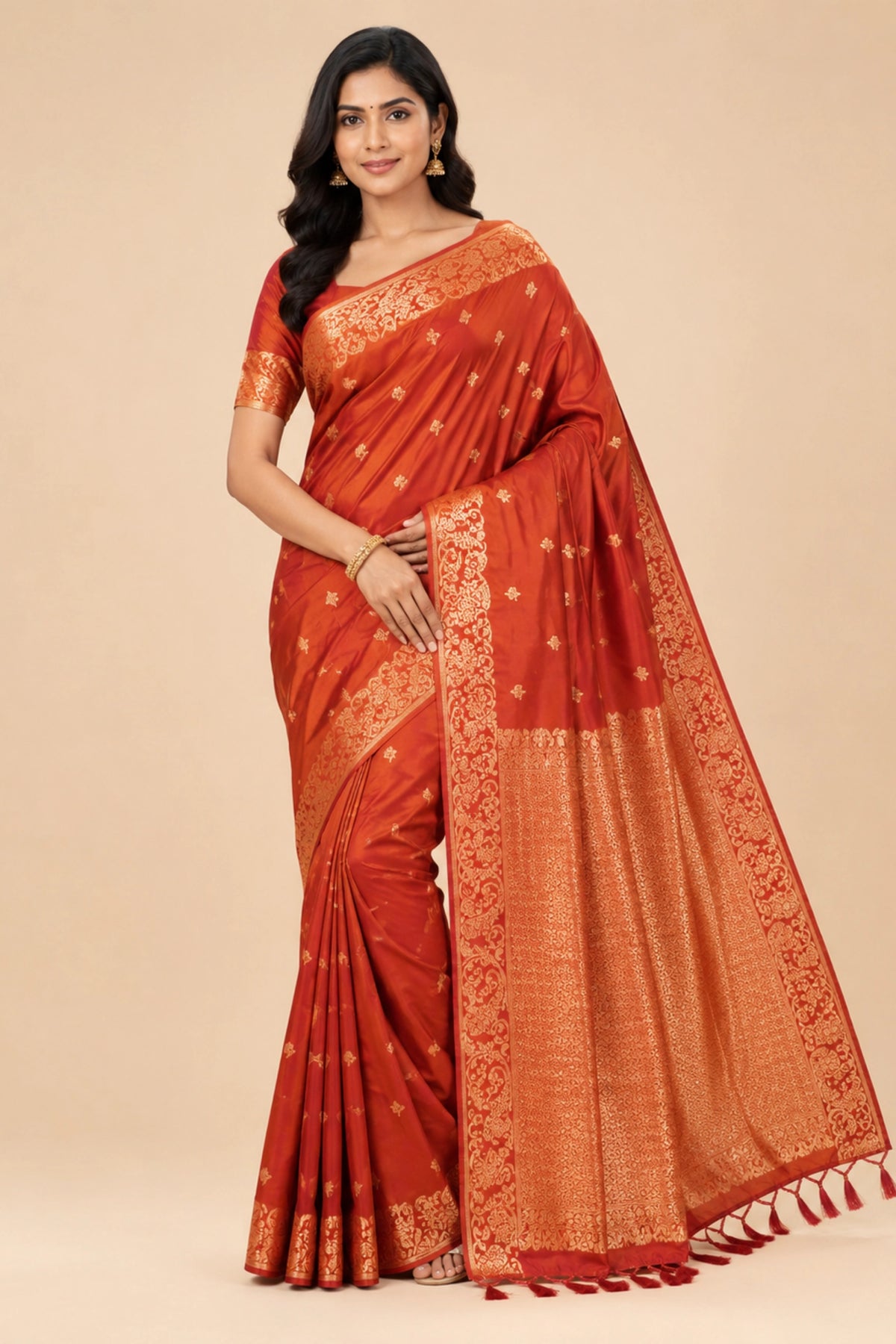 Rust Orange Banarasi-Inspired Silk Saree with Gold Zari Border