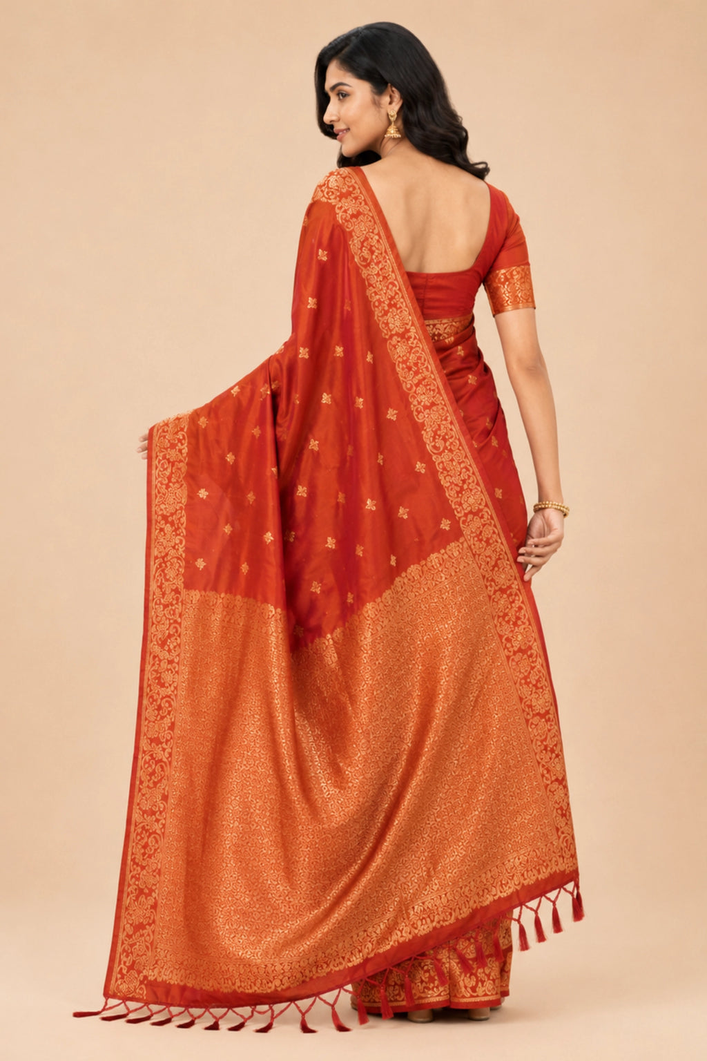Rust Orange Banarasi-Inspired Silk Saree with Gold Zari Border