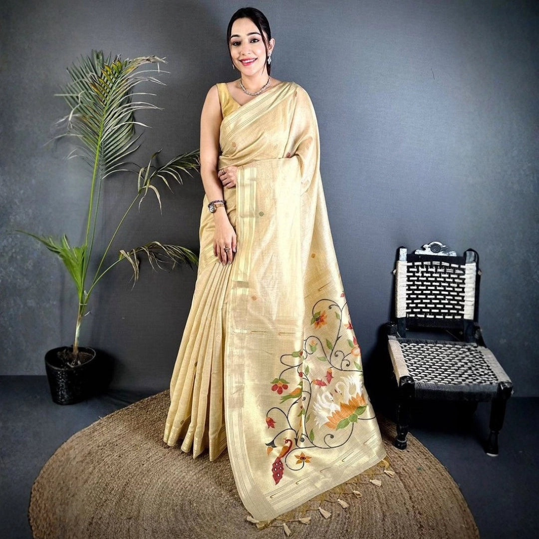Champagne Gold Floral Pallu Saree