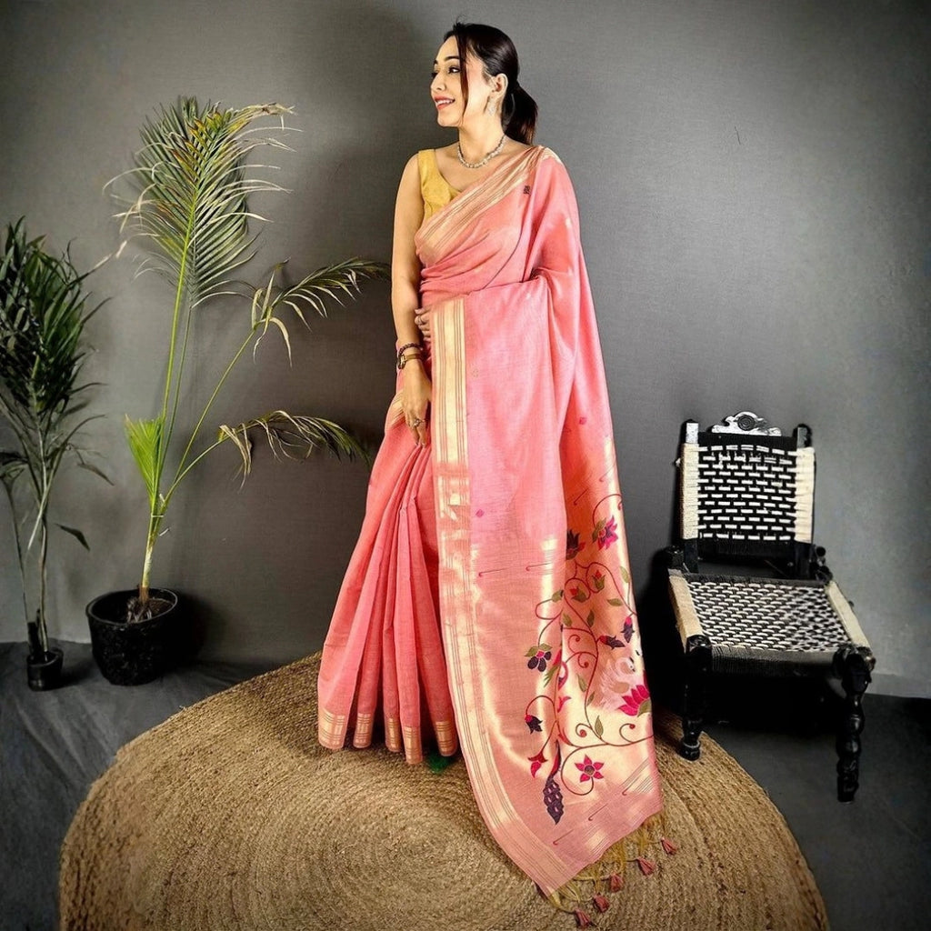 Coral Pink Floral Pallu Saree