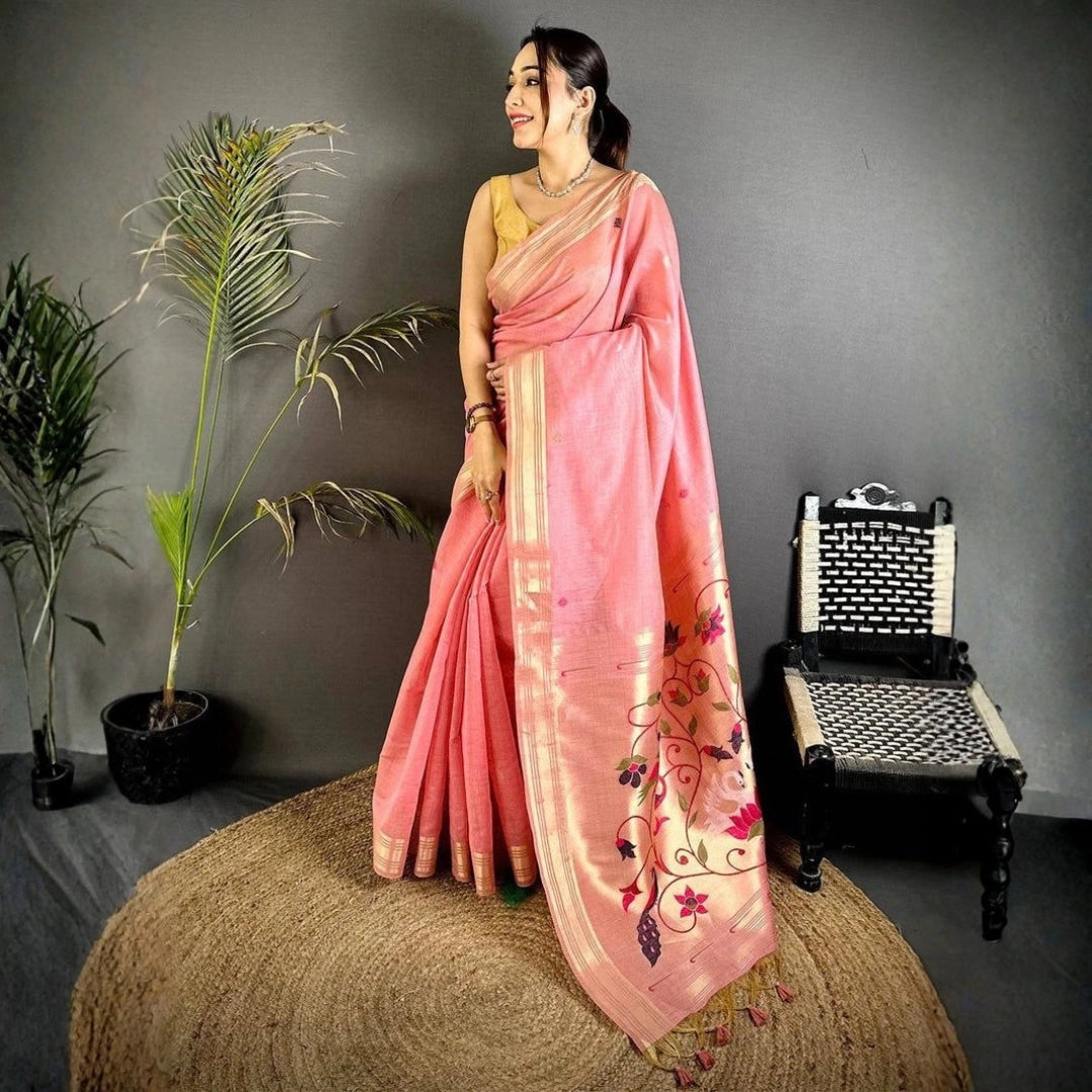 Coral Pink Floral Pallu Saree