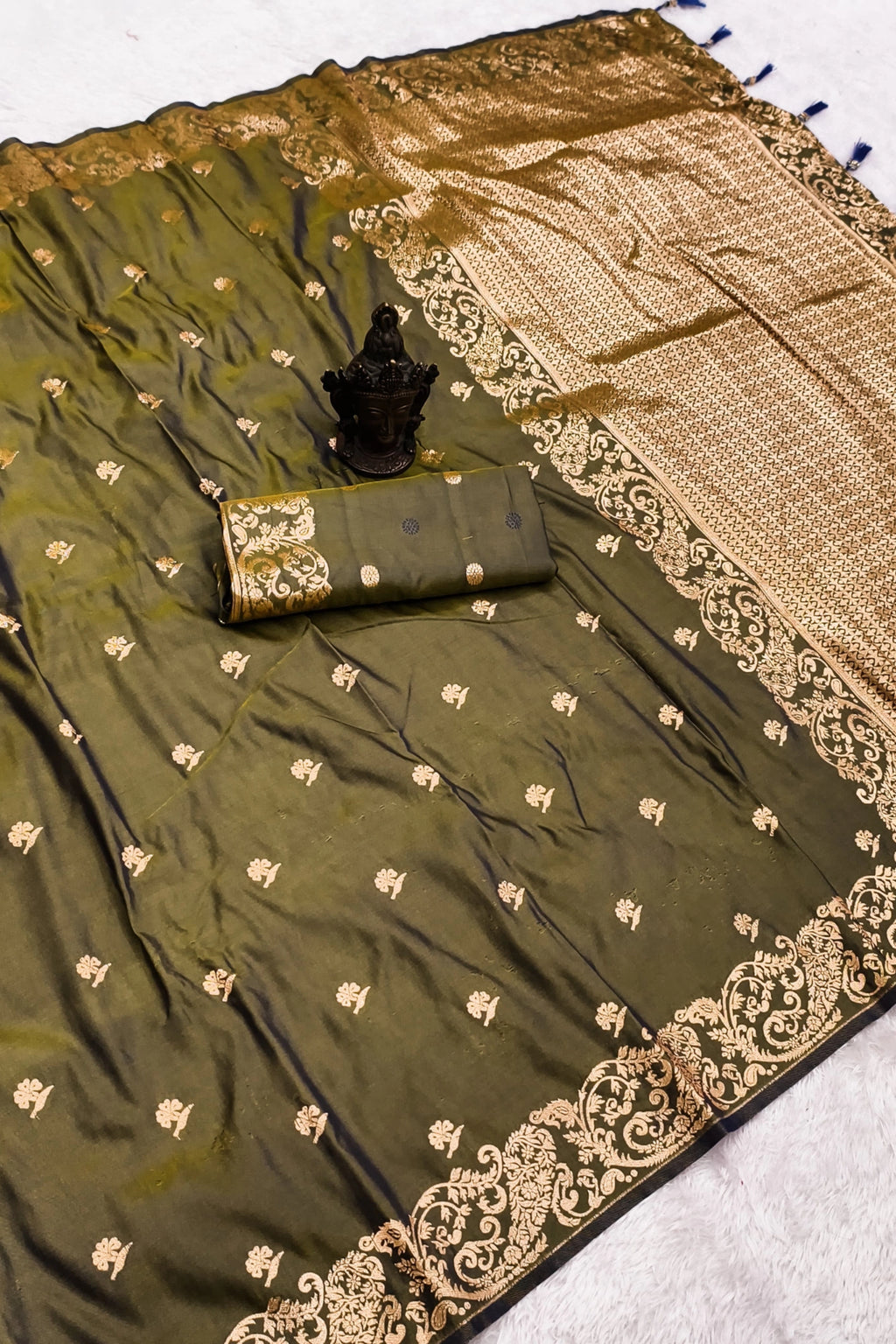 Olive Green Banarasi-Inspired Silk Saree with Gold Zari Border