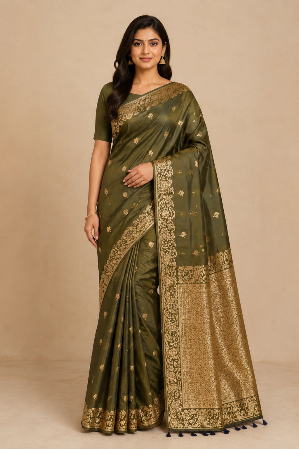 Olive Green Banarasi-Inspired Silk Saree with Gold Zari Border